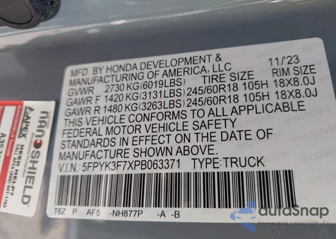 2023 Honda Ridgeline Rtl-E из США, поврежденный, VIN 5FPYK3F7XPB063371